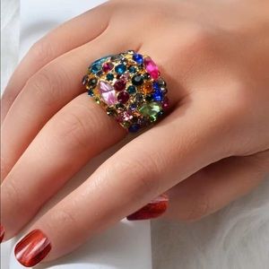 🆕🍾Bright colorful rhinestone cocktail ring gold